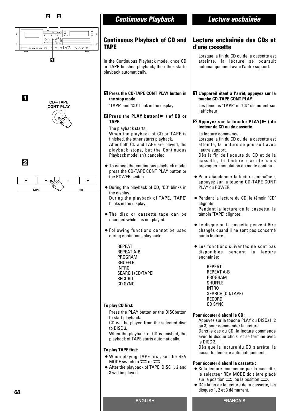 Continuous playback, Lecture enchaînée, Continuous playback of cd and tape | Lecture enchaînée des cds et d'une cassette | Tascam CD-A630 User Manual | Page 68 / 76
