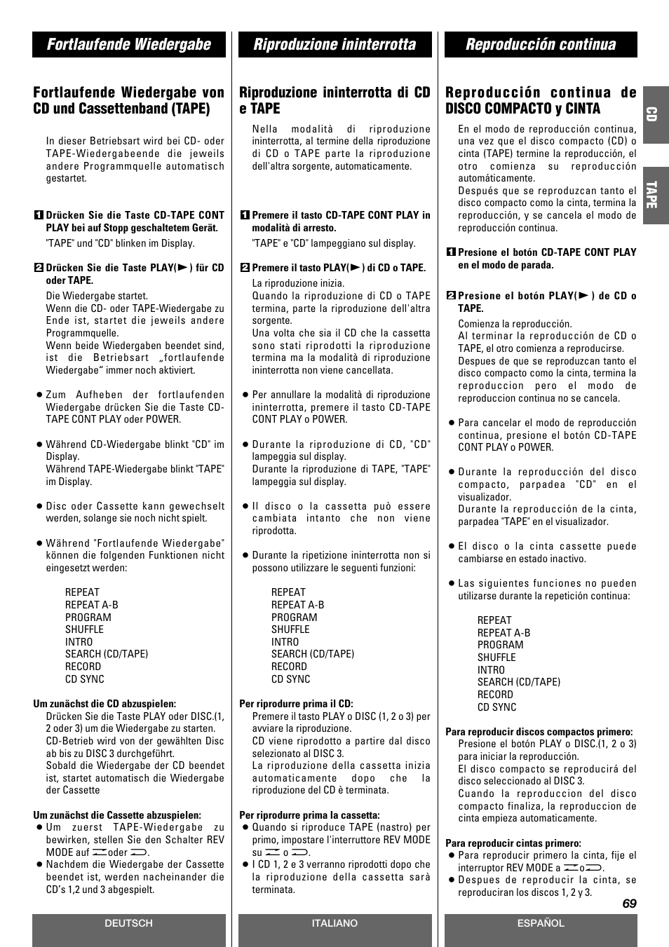 Riproduzione ininterrotta di cd e tape, Reproducción continua de disco compacto y cinta, Cd tape | Tascam CD-A630 User Manual | Page 69 / 76