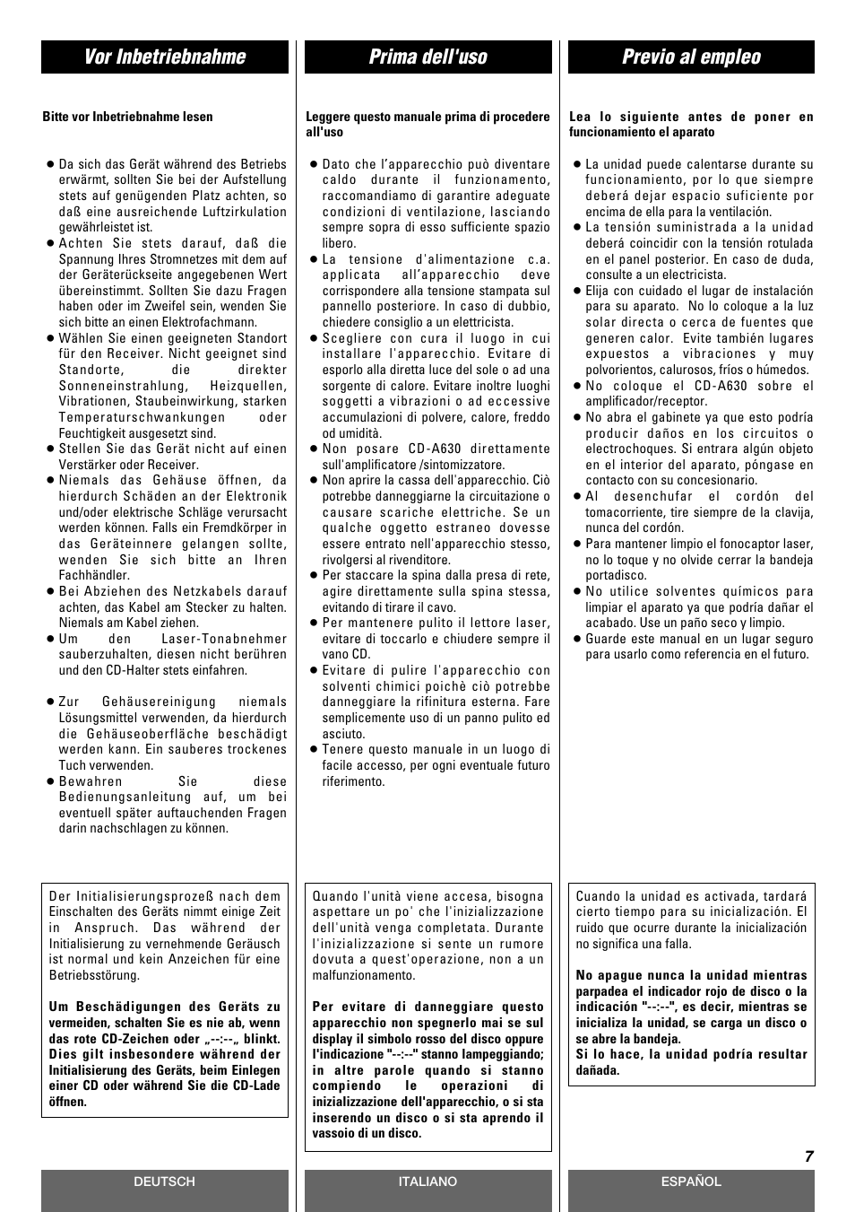 Prima dell'uso vor inbetriebnahme previo al empleo | Tascam CD-A630 User Manual | Page 7 / 76