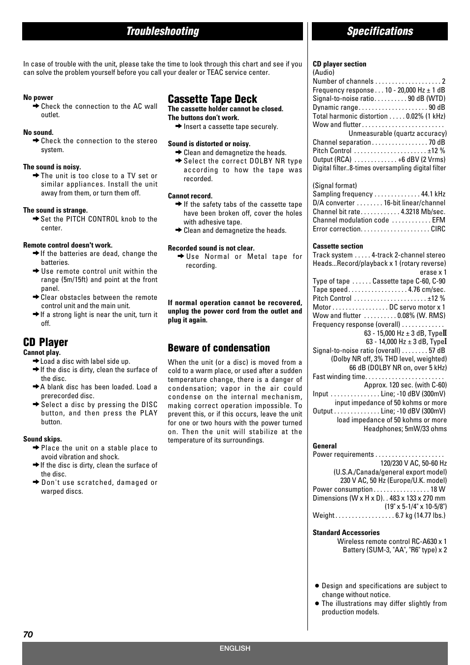 Troubleshooting, Cd player, Cassette tape deck | Specifications, Beware of condensation | Tascam CD-A630 User Manual | Page 70 / 76
