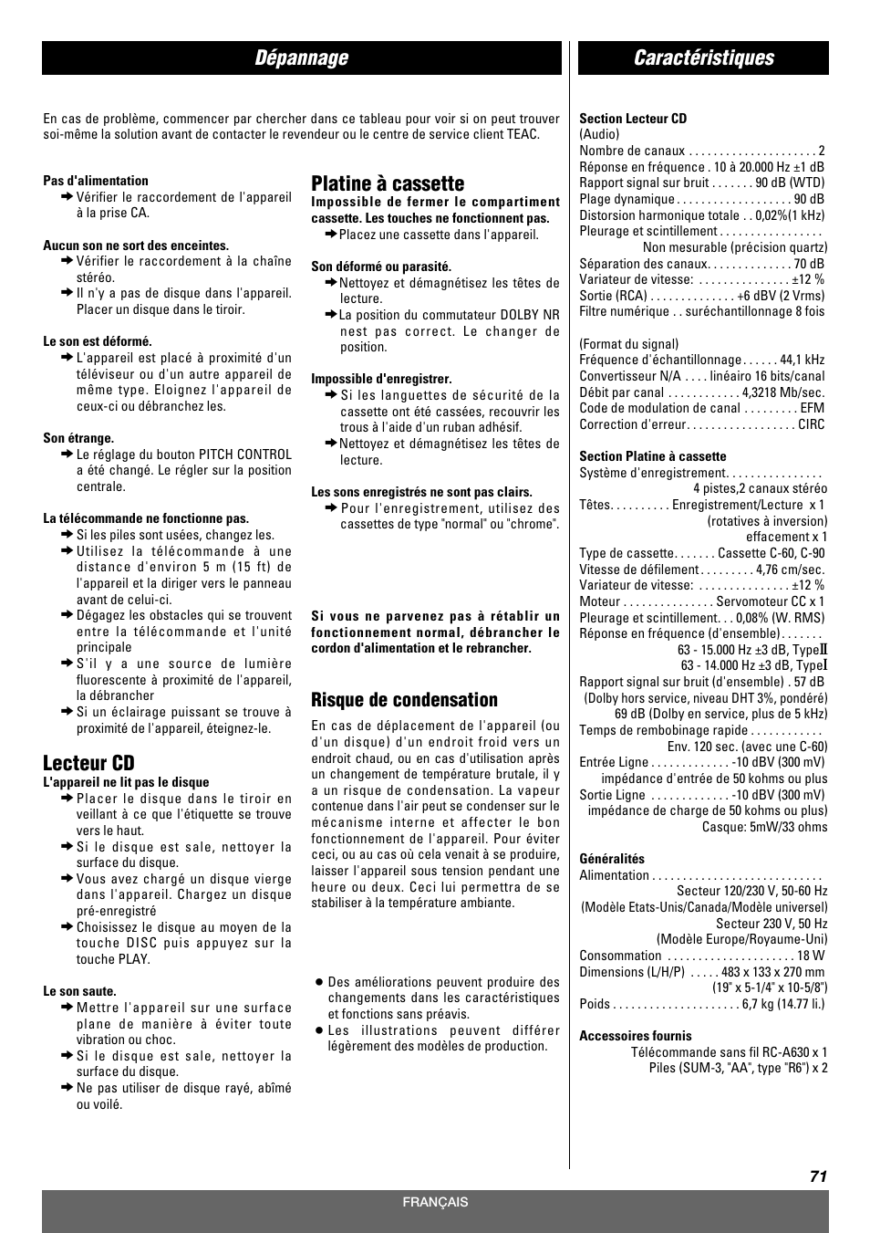 Dépannage, Lecteur cd, Platine à cassette | Caractéristiques, Risque de condensation | Tascam CD-A630 User Manual | Page 71 / 76