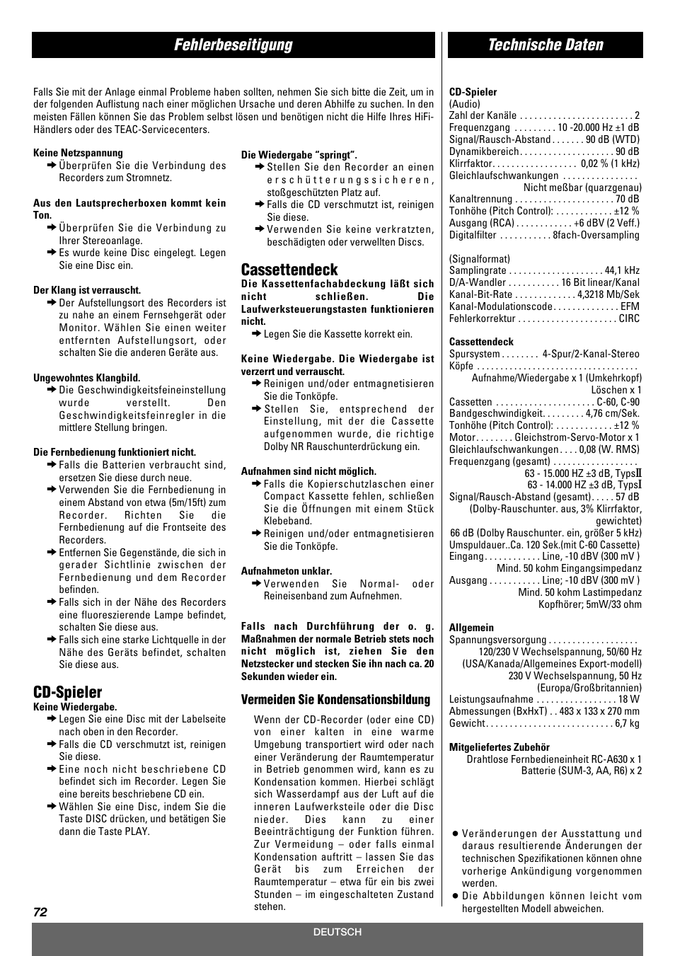 Fehlerbeseitigung, Cd-spieler, Cassettendeck | Technische daten | Tascam CD-A630 User Manual | Page 72 / 76