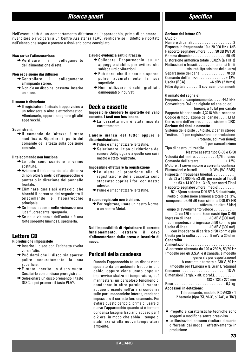 Ricerca guasti, Lettore cd, Deck a cassette | Specifica, Pericoli della condensa | Tascam CD-A630 User Manual | Page 73 / 76