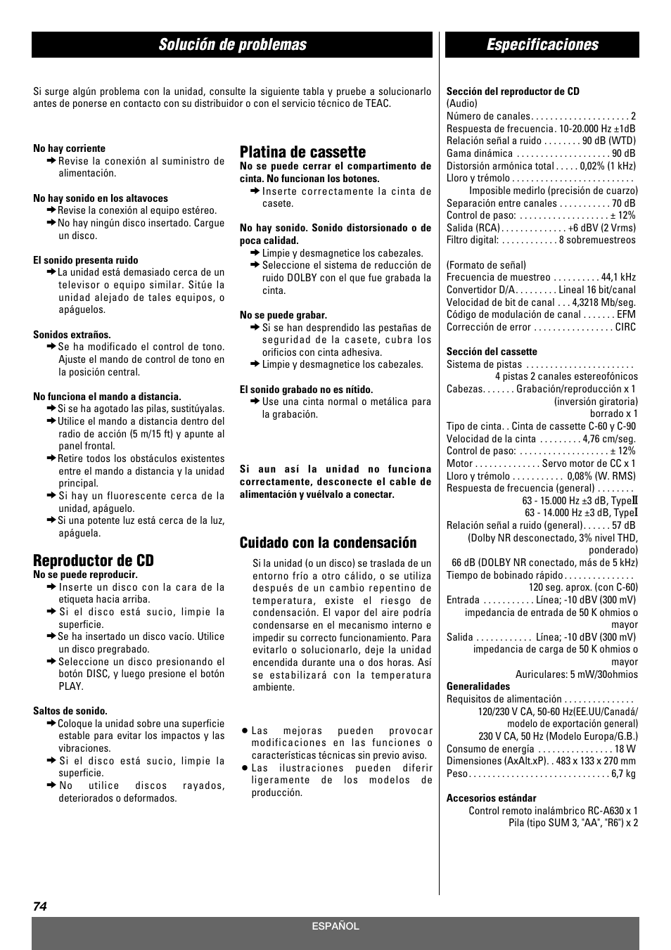 Solución de problemas, Reproductor de cd, Platina de cassette | Especificaciones, Cuidado con la condensación | Tascam CD-A630 User Manual | Page 74 / 76