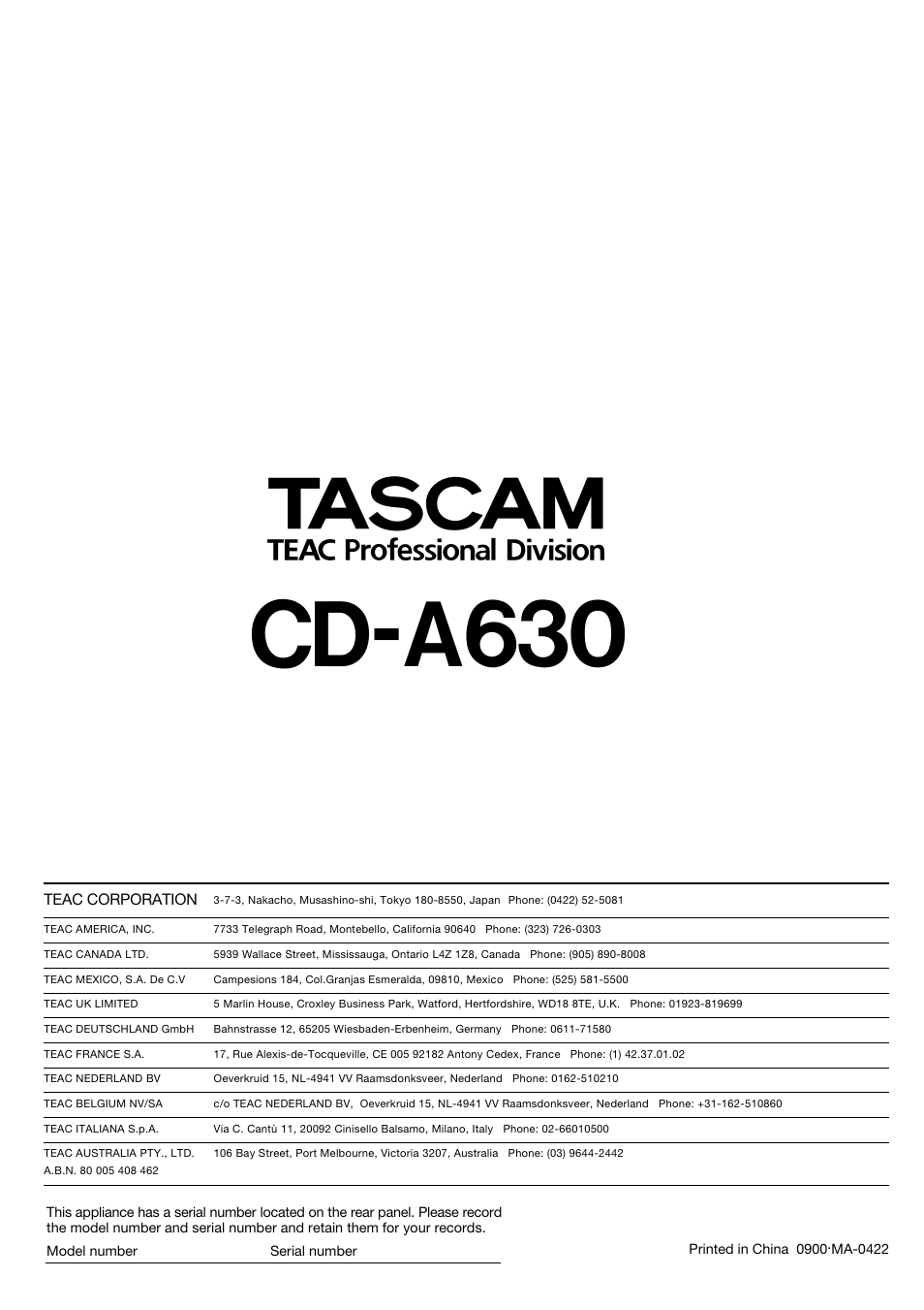 Cd-a630 | Tascam CD-A630 User Manual | Page 76 / 76