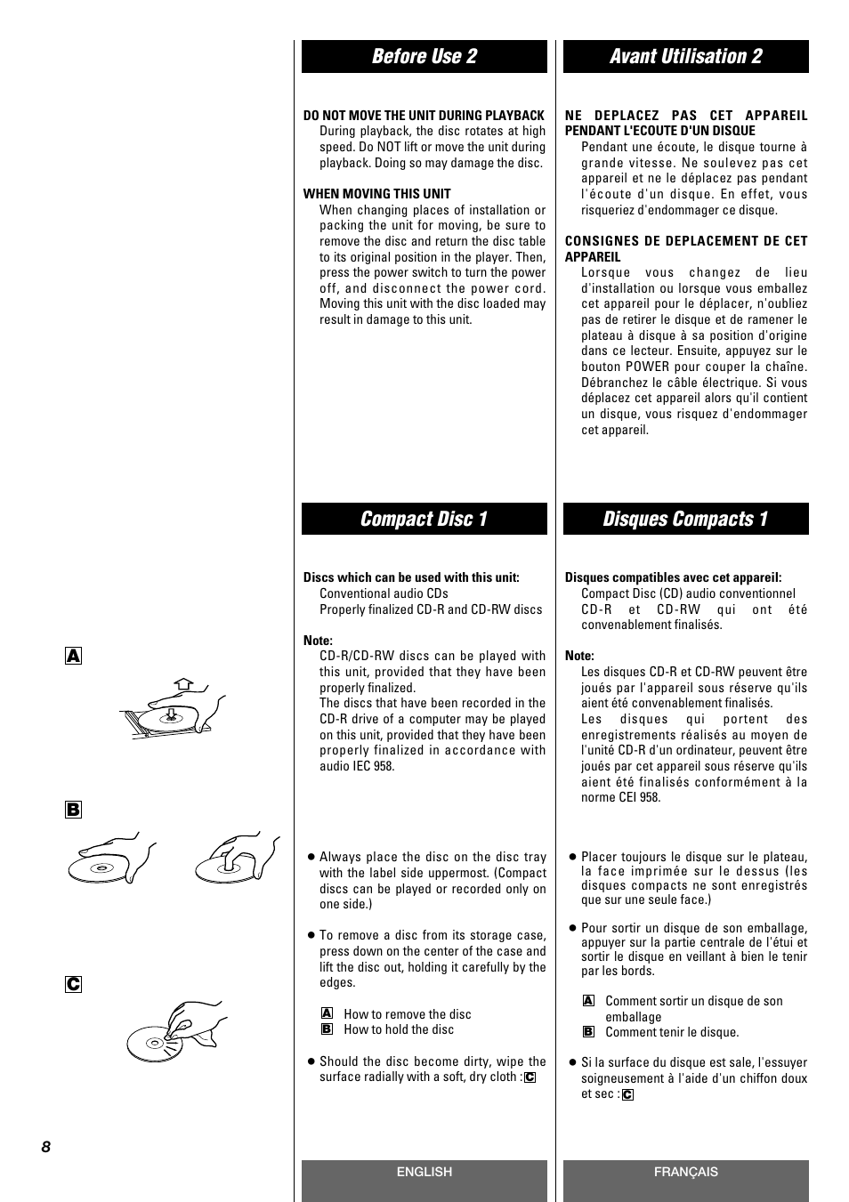 Compact disc 1 disques compacts 1, Before use 2 avant utilisation 2 | Tascam CD-A630 User Manual | Page 8 / 76