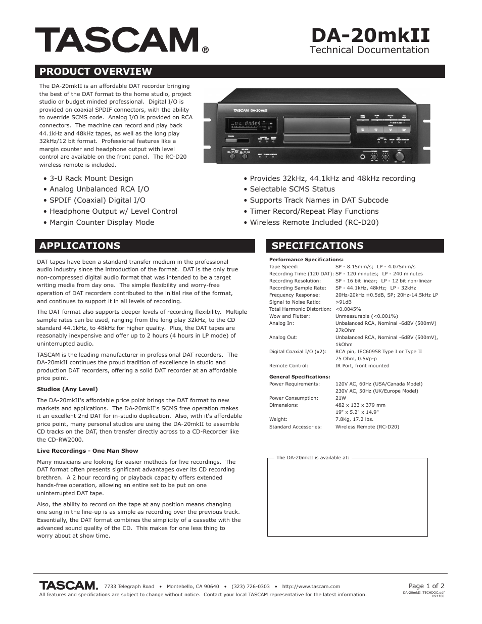 Tascam DA-20MKII User Manual | 2 pages