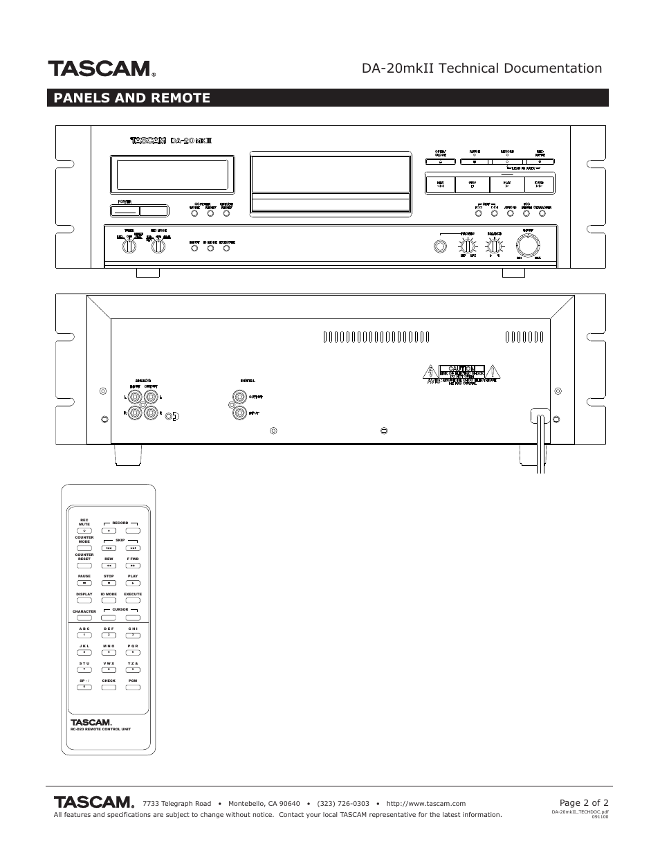 Da-20mkii technical documentation, Panels and remote, Page 2 of 2 | Tascam DA-20MKII User Manual | Page 2 / 2