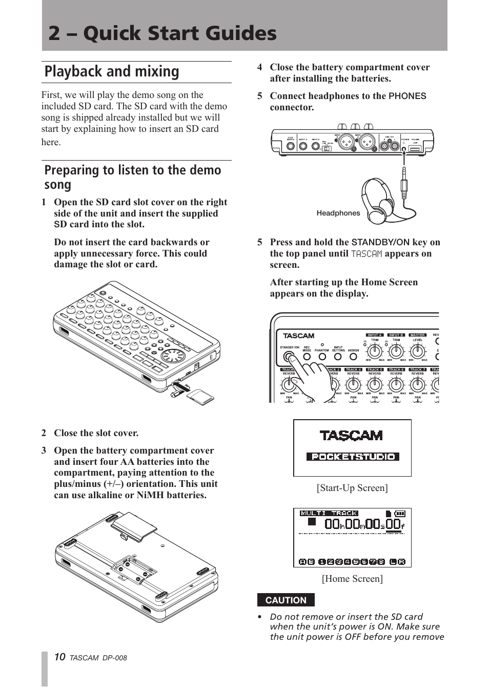 2 - quick start guides, Playback and mixing, Preparing to listen to the demo song | 2 – quick start guides | Tascam DP-008 User Manual | Page 10 / 88