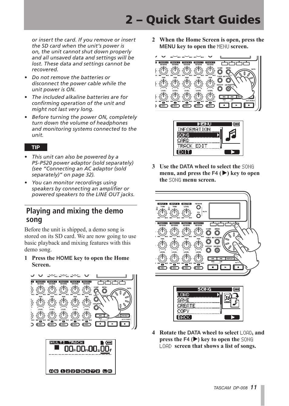 Playing and mixing the demo song, 2 – quick start guides | Tascam DP-008 User Manual | Page 11 / 88