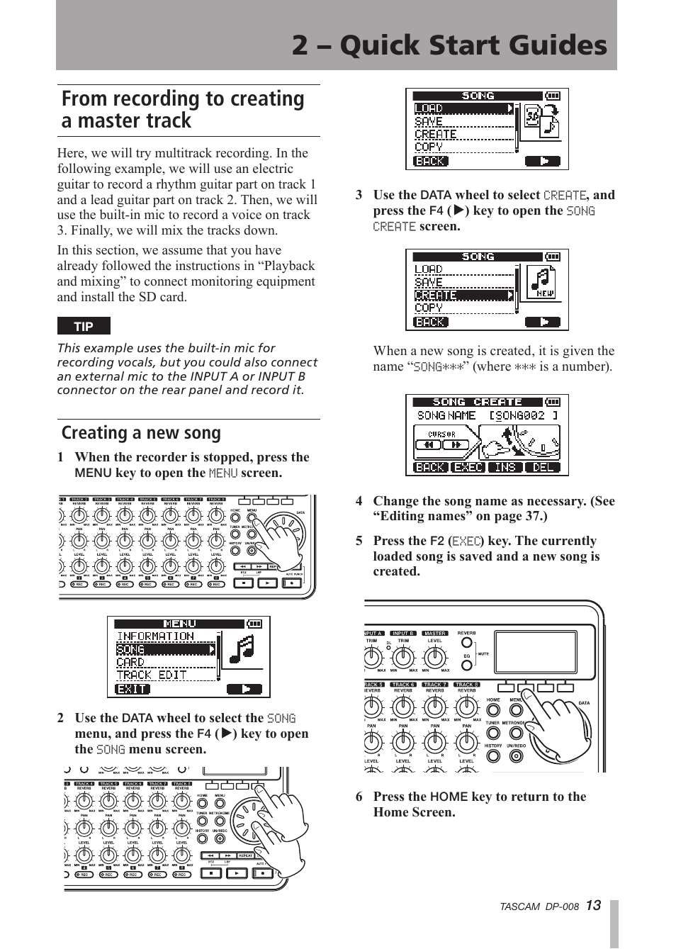 From recording to creating a master track, From recording to creating a master track 13, Creating a new song | 2 – quick start guides | Tascam DP-008 User Manual | Page 13 / 88