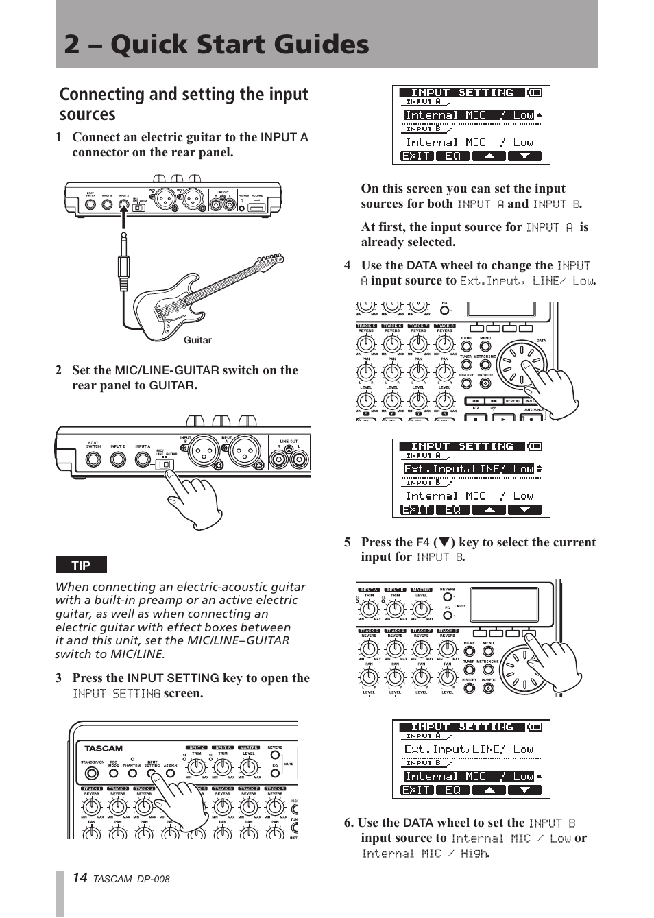 Connecting and setting the input sources, Connecting and setting the input, Sources | 2 – quick start guides | Tascam DP-008 User Manual | Page 14 / 88