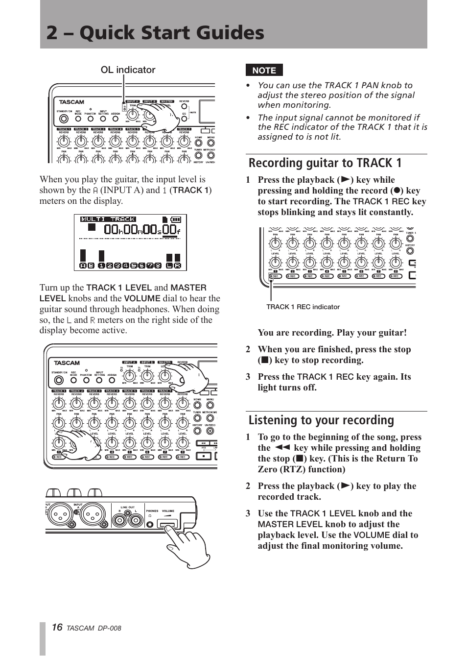 Recording guitar to track 1, Listening to your recording, 2 – quick start guides | Tascam DP-008 User Manual | Page 16 / 88