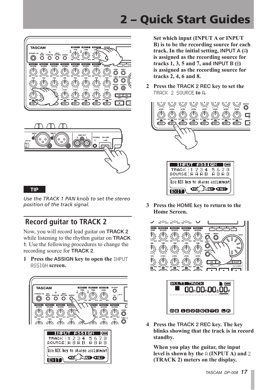 Record guitar to track 2, 2 – quick start guides | Tascam DP-008 User Manual | Page 17 / 88