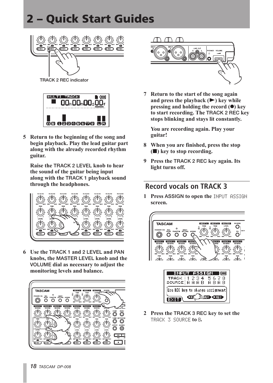 Record vocals on track 3, 2 – quick start guides | Tascam DP-008 User Manual | Page 18 / 88