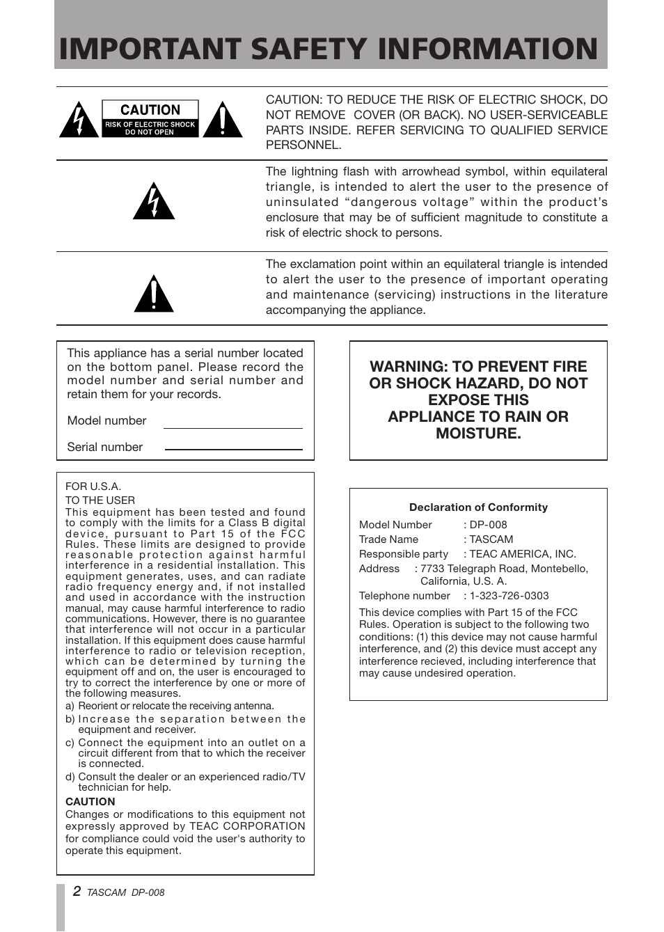 Important safety information | Tascam DP-008 User Manual | Page 2 / 88