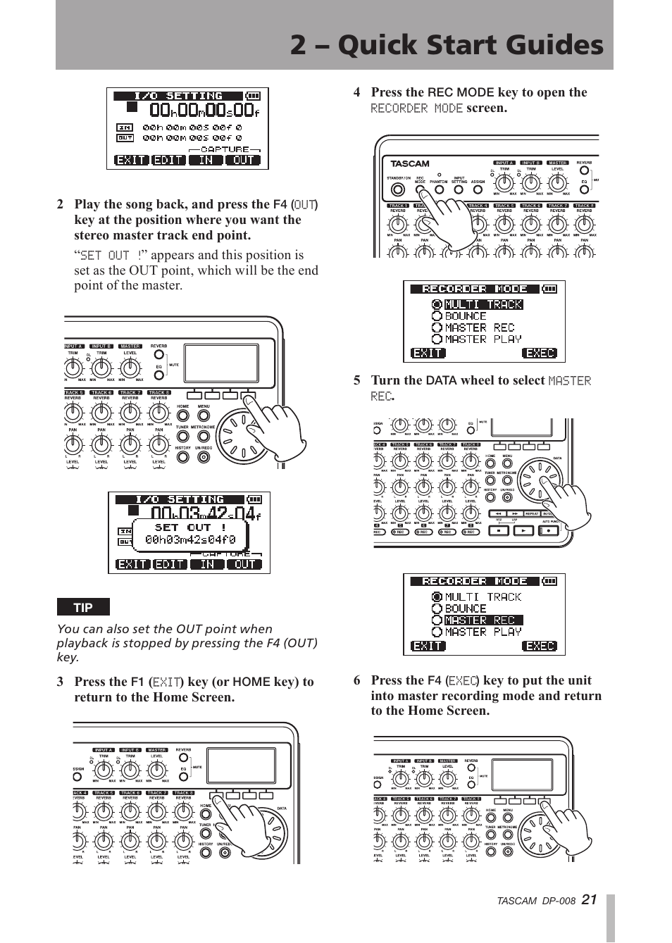 2 – quick start guides | Tascam DP-008 User Manual | Page 21 / 88
