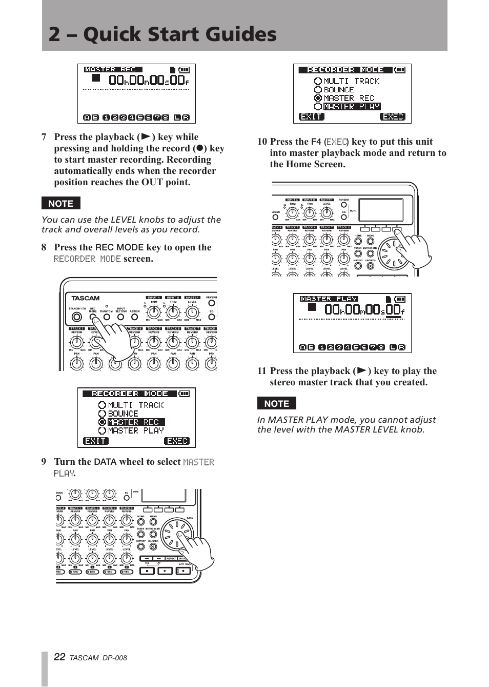 2 – quick start guides | Tascam DP-008 User Manual | Page 22 / 88