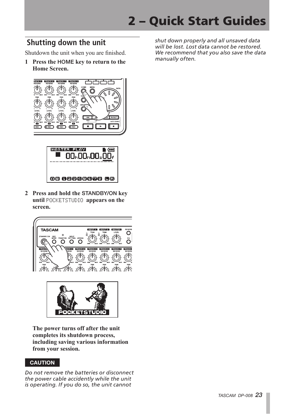 Shutting down the unit, 2 – quick start guides | Tascam DP-008 User Manual | Page 23 / 88