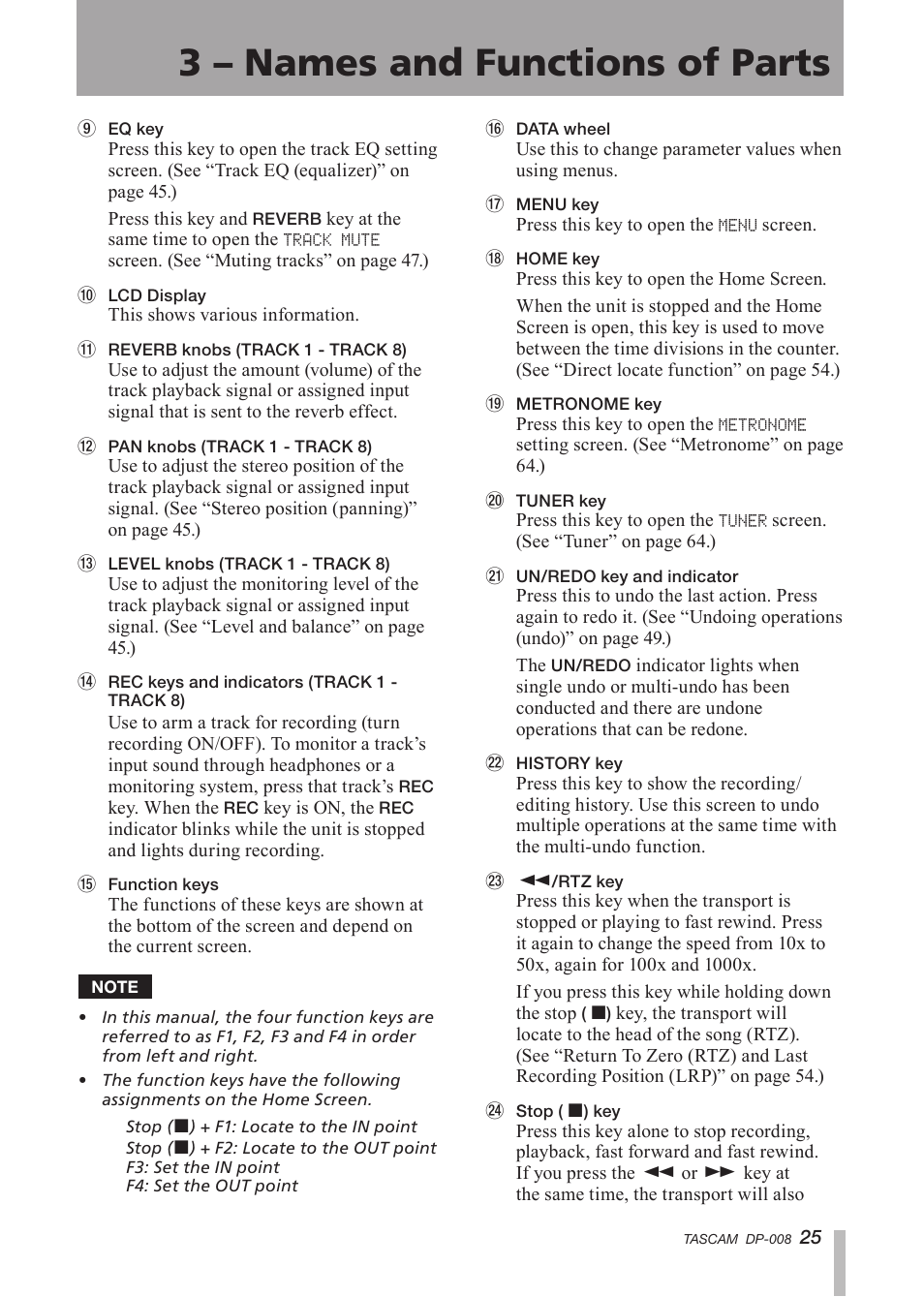 3 – names and functions of parts | Tascam DP-008 User Manual | Page 25 / 88