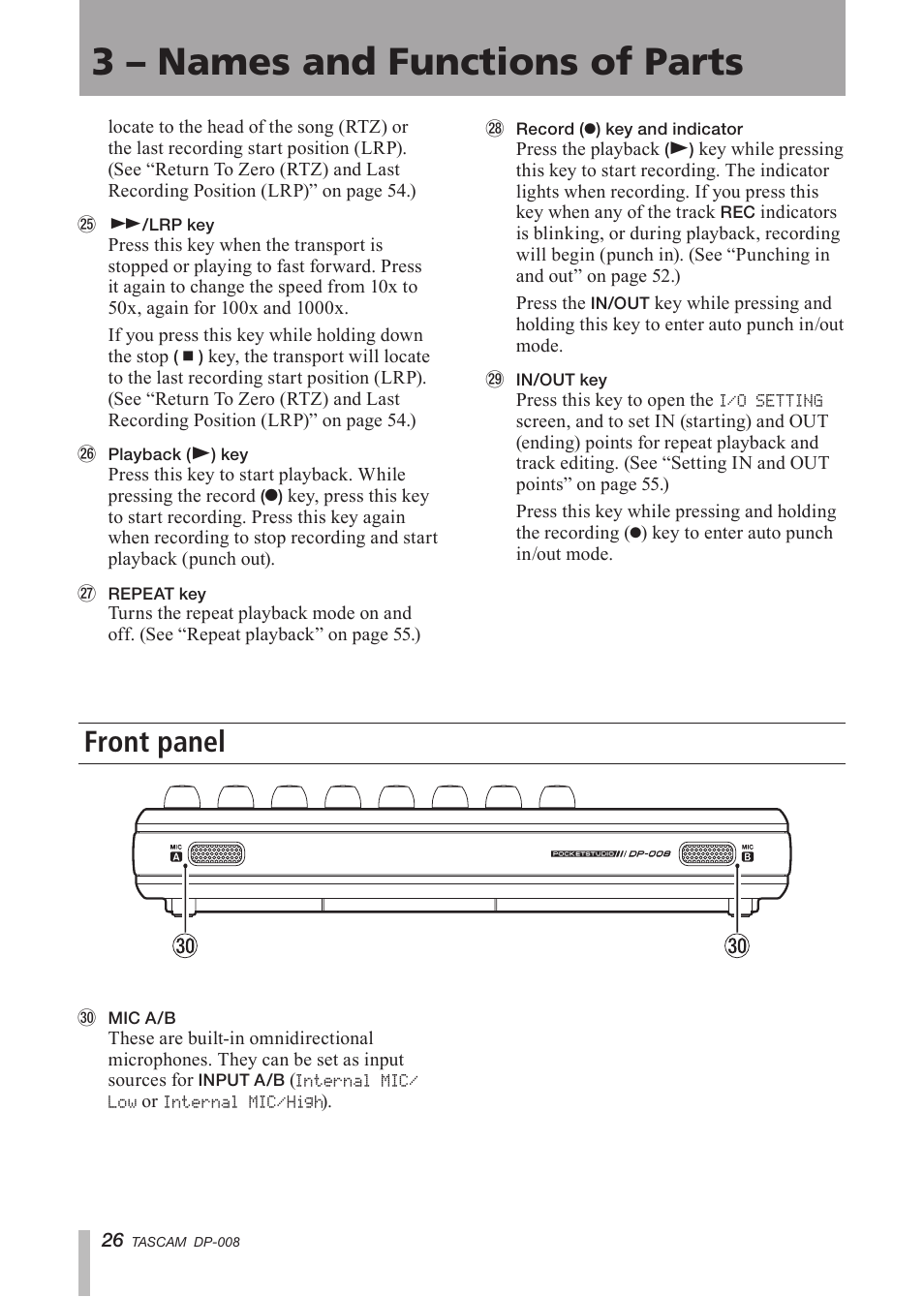 Front panel, 3 – names and functions of parts | Tascam DP-008 User Manual | Page 26 / 88