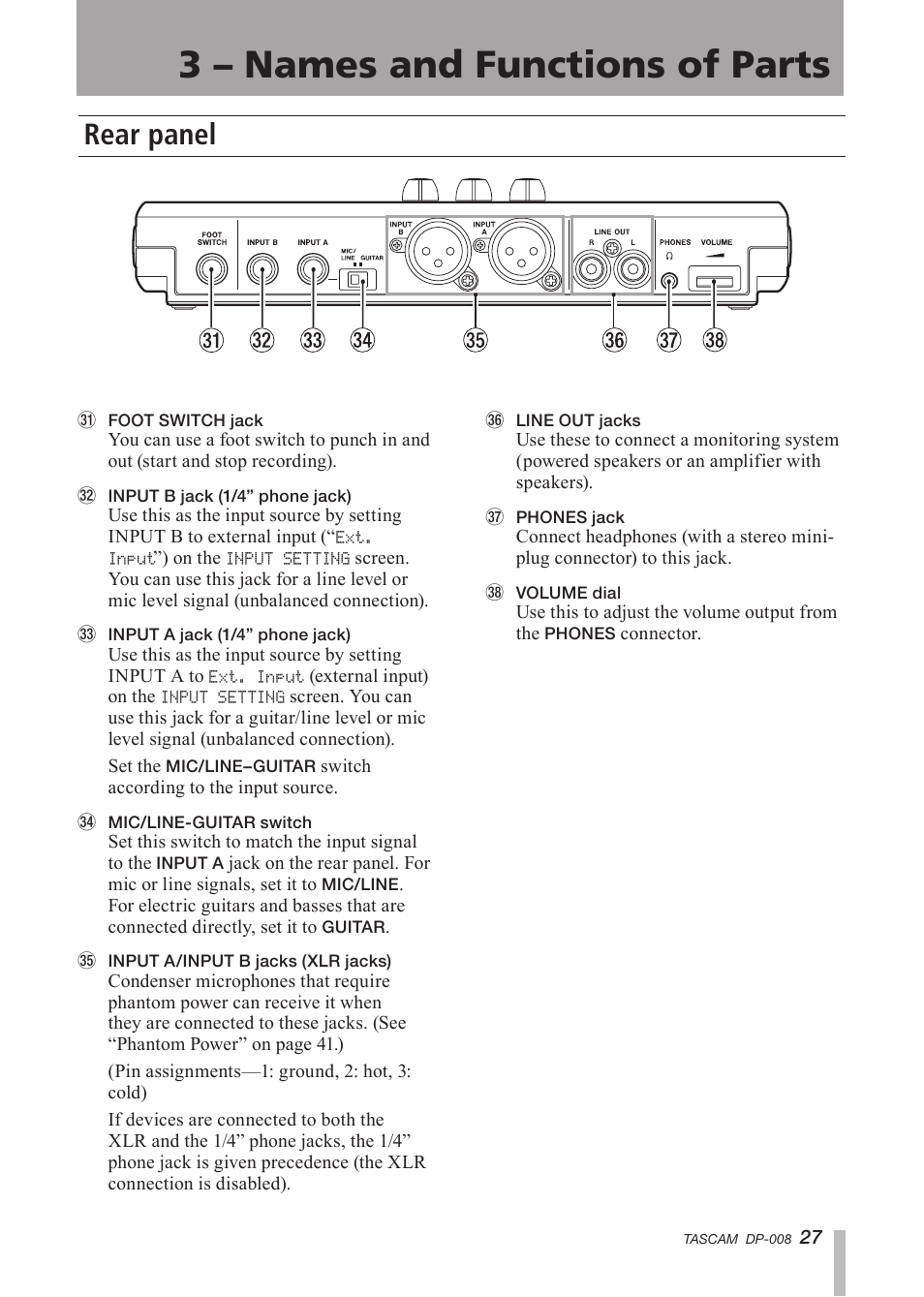 Rear panel, 3 – names and functions of parts | Tascam DP-008 User Manual | Page 27 / 88