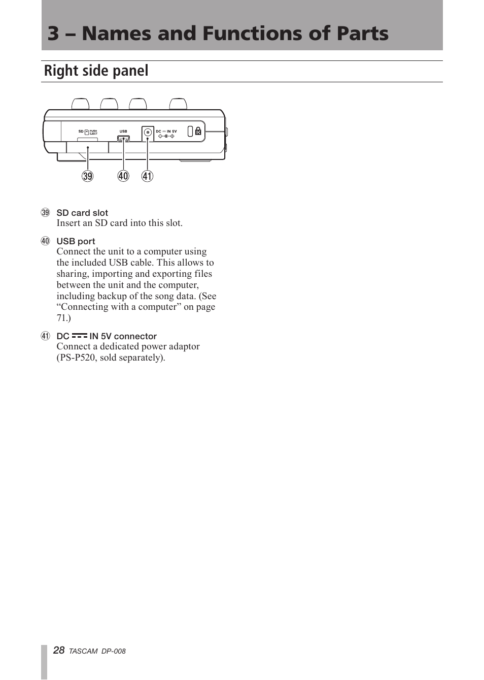 Right side panel, 3 – names and functions of parts | Tascam DP-008 User Manual | Page 28 / 88