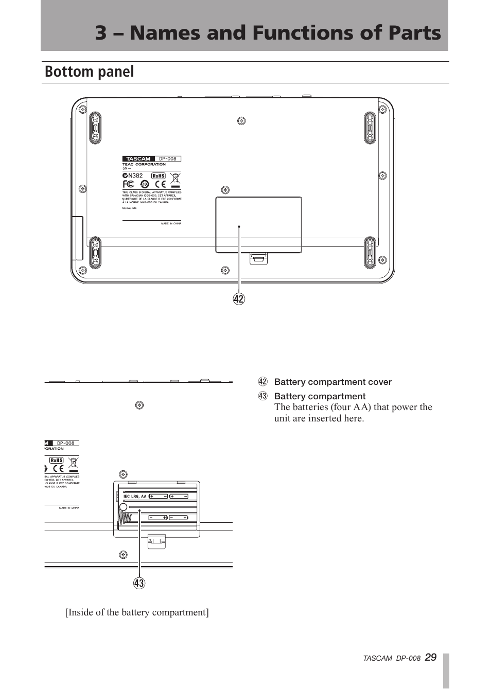 Bottom panel, 3 – names and functions of parts | Tascam DP-008 User Manual | Page 29 / 88