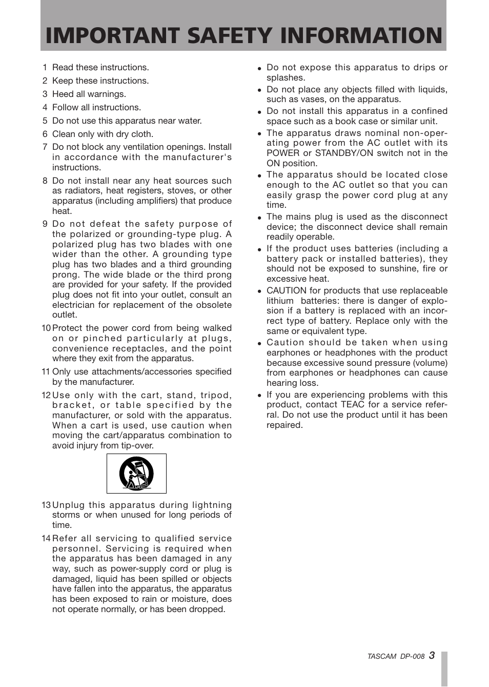 Important safety information | Tascam DP-008 User Manual | Page 3 / 88