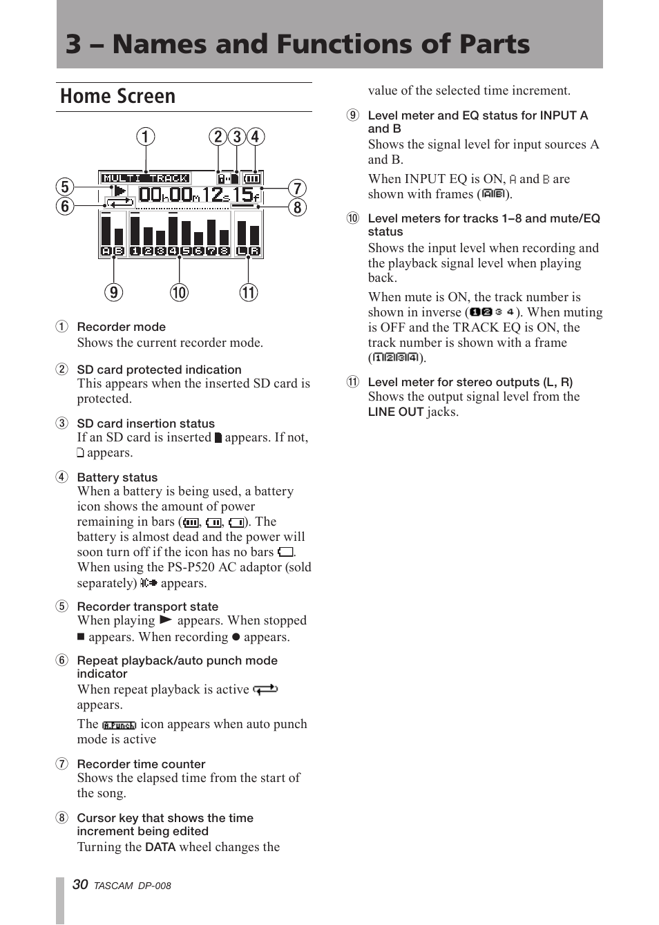 Home screen, 3 – names and functions of parts | Tascam DP-008 User Manual | Page 30 / 88