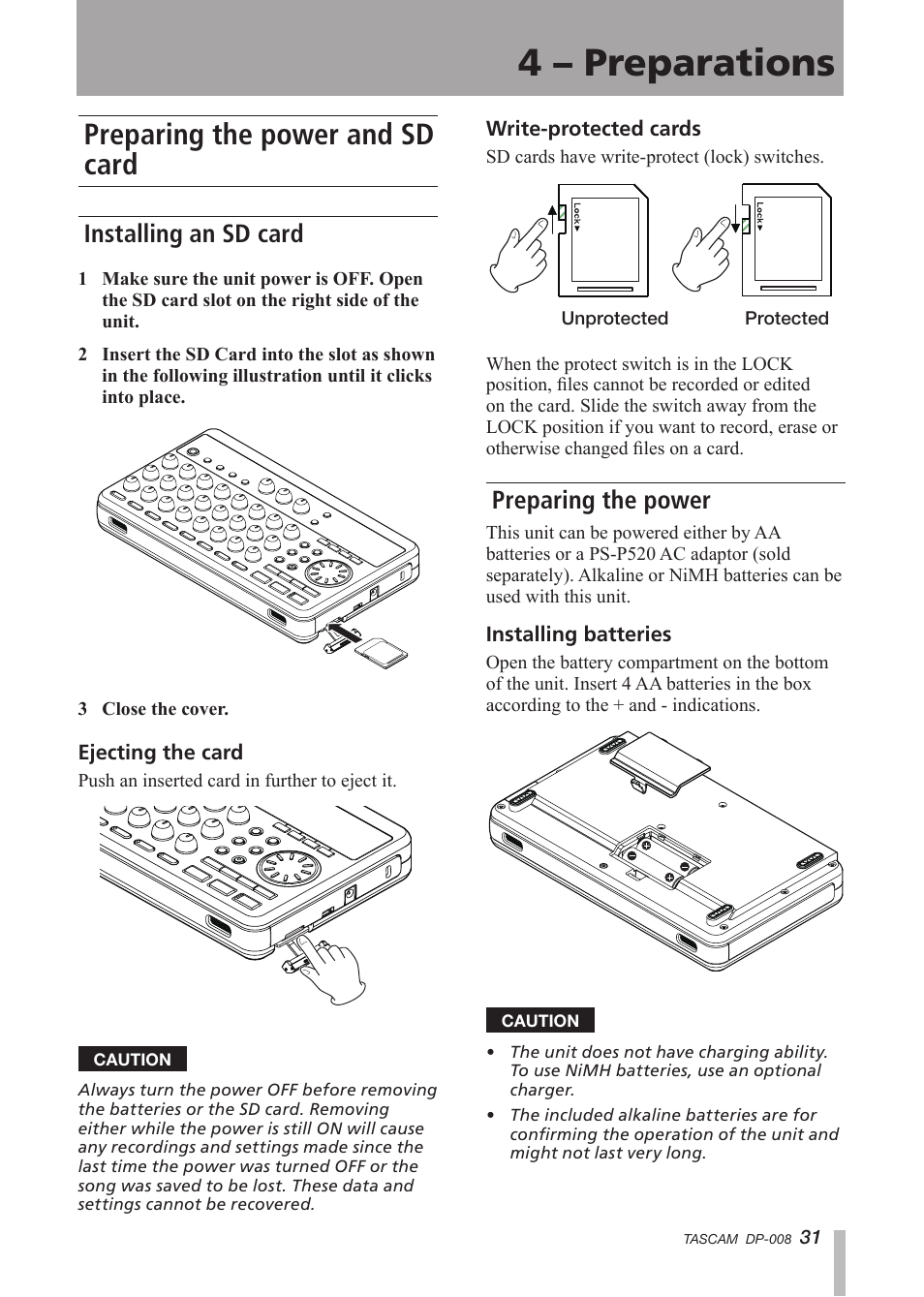 4 - preparations, Preparing the power and sd card, Installing an sd card | Preparing the power, 4 – preparations | Tascam DP-008 User Manual | Page 31 / 88