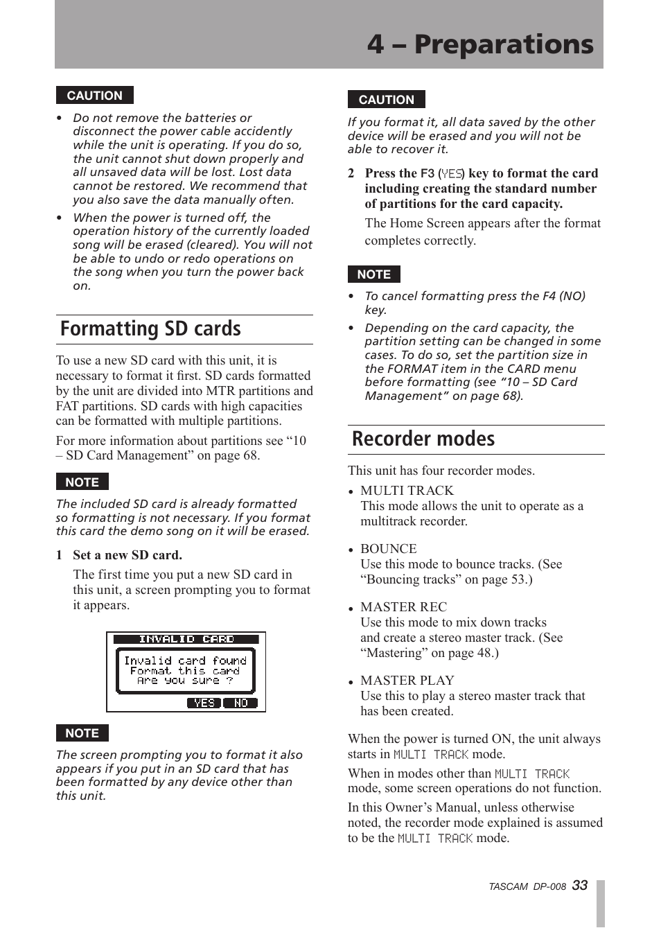 Formatting sd cards, Recorder modes, 4 – preparations | Tascam DP-008 User Manual | Page 33 / 88