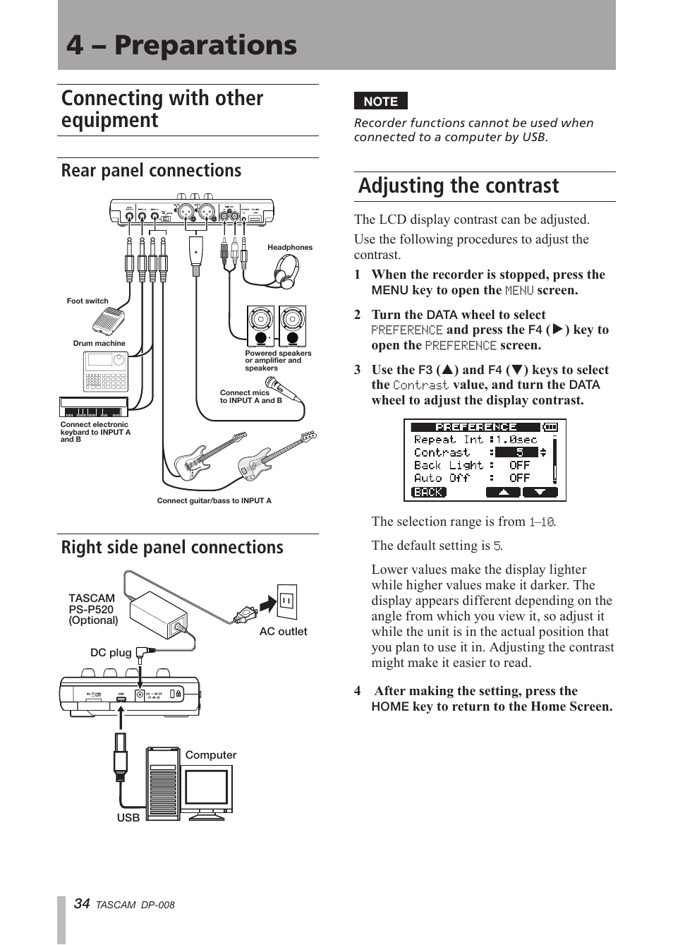 Connecting with other equipment, Rear panel connections, Right side panel connections | Adjusting the contrast, 4 – preparations | Tascam DP-008 User Manual | Page 34 / 88