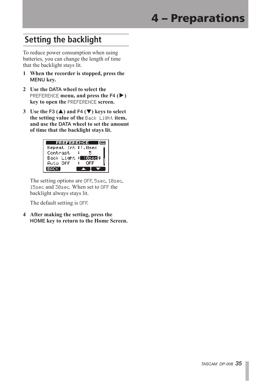 Setting the backlight, 4 – preparations | Tascam DP-008 User Manual | Page 35 / 88