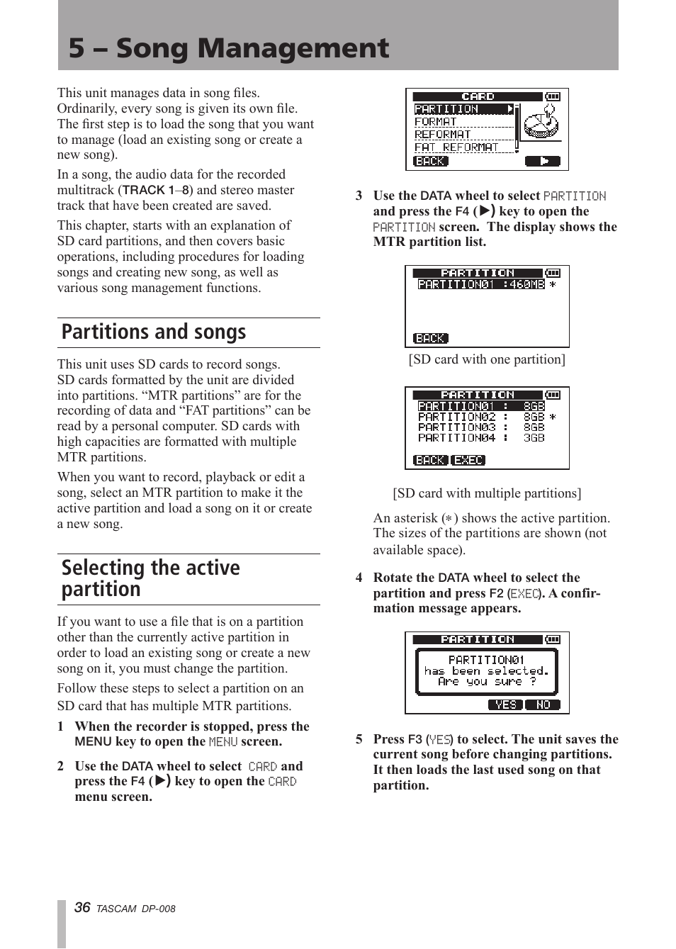 5 - song management, Partitions and songs, Selecting the active partition | 5 – song management | Tascam DP-008 User Manual | Page 36 / 88