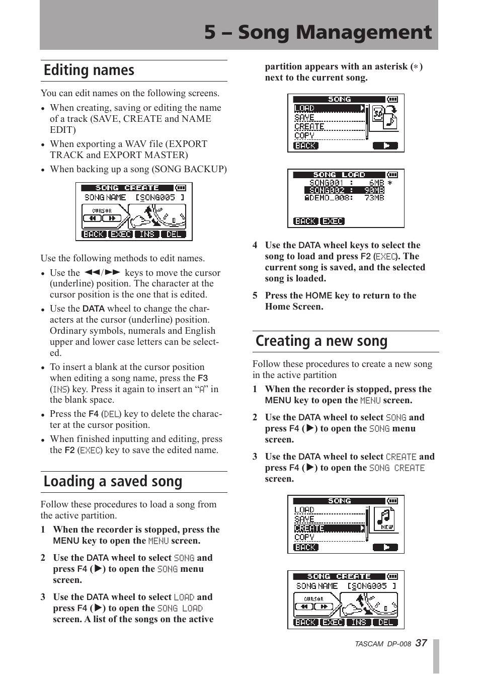 Creating a new song, Editing names, Loading a saved song | 5 – song management | Tascam DP-008 User Manual | Page 37 / 88