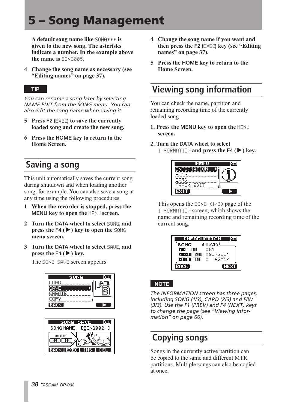 Saving a song, Viewing song information, Copying songs | 5 – song management | Tascam DP-008 User Manual | Page 38 / 88