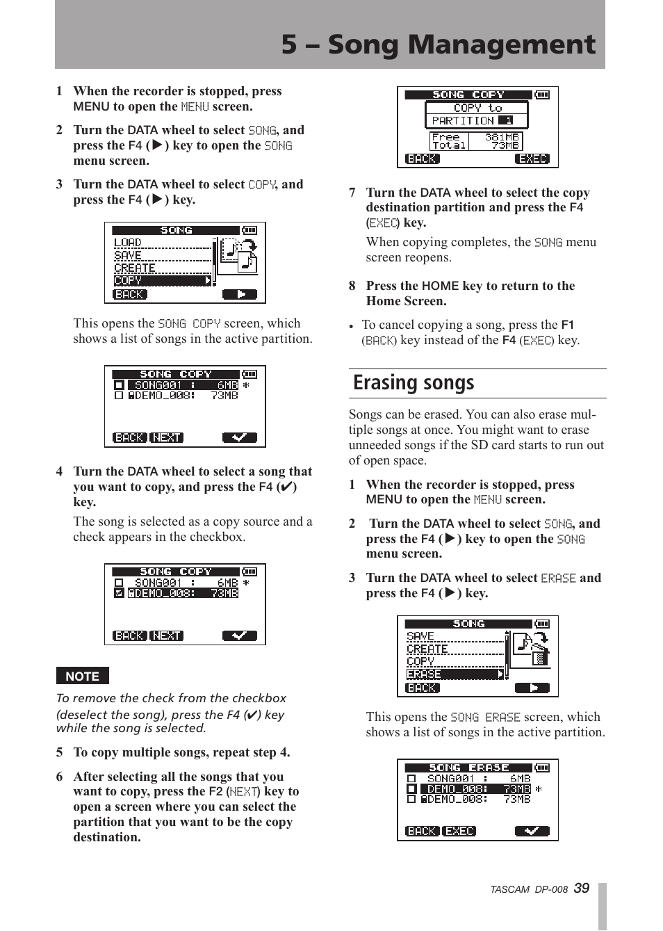 Erasing songs, 5 – song management | Tascam DP-008 User Manual | Page 39 / 88