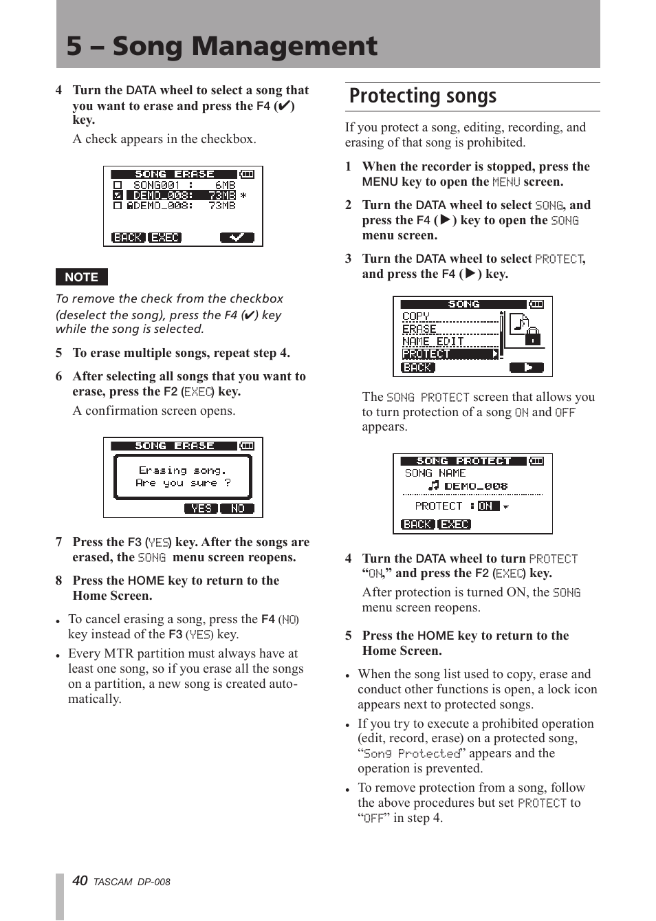 Protecting songs, 5 – song management | Tascam DP-008 User Manual | Page 40 / 88