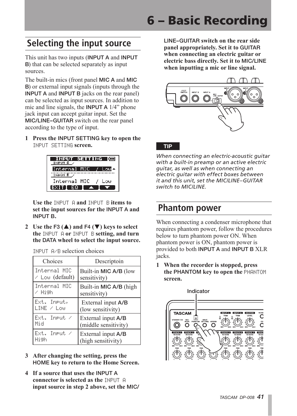 6 - basic recording, Selecting the input source, Phantom power | 6 – basic recording | Tascam DP-008 User Manual | Page 41 / 88