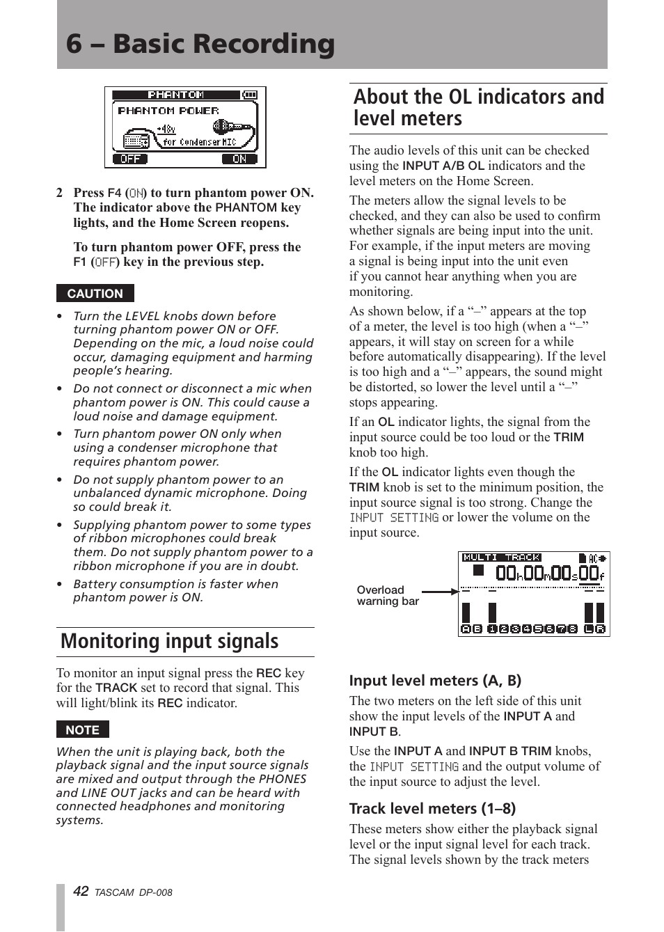 Monitoring input signals, About the ol indicators and level meters, About the ol indicators and level meters 42 | 6 – basic recording | Tascam DP-008 User Manual | Page 42 / 88