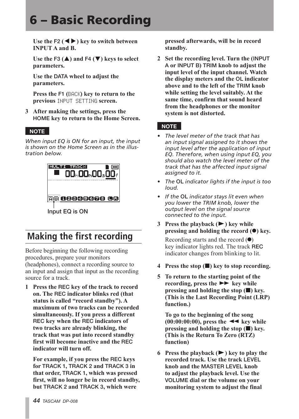 Making the first recording, See “making, 6 – basic recording | Tascam DP-008 User Manual | Page 44 / 88