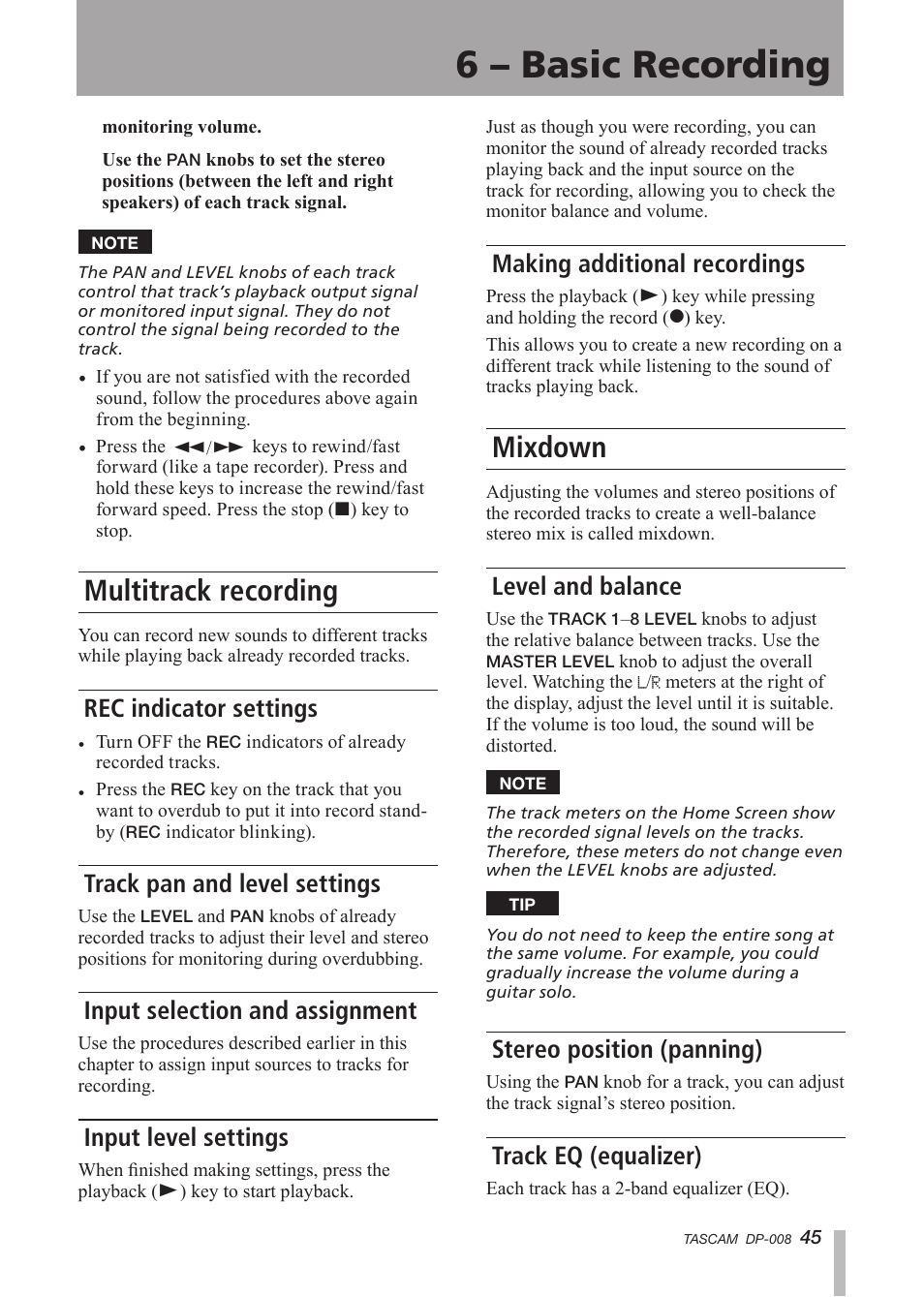 Multitrack recording, Rec indicator settings, Track pan and level settings | Input selection and assignment, Input level settings, Making additional recordings, Mixdown, Level and balance, Stereo position (panning), Track eq (equalizer) | Tascam DP-008 User Manual | Page 45 / 88