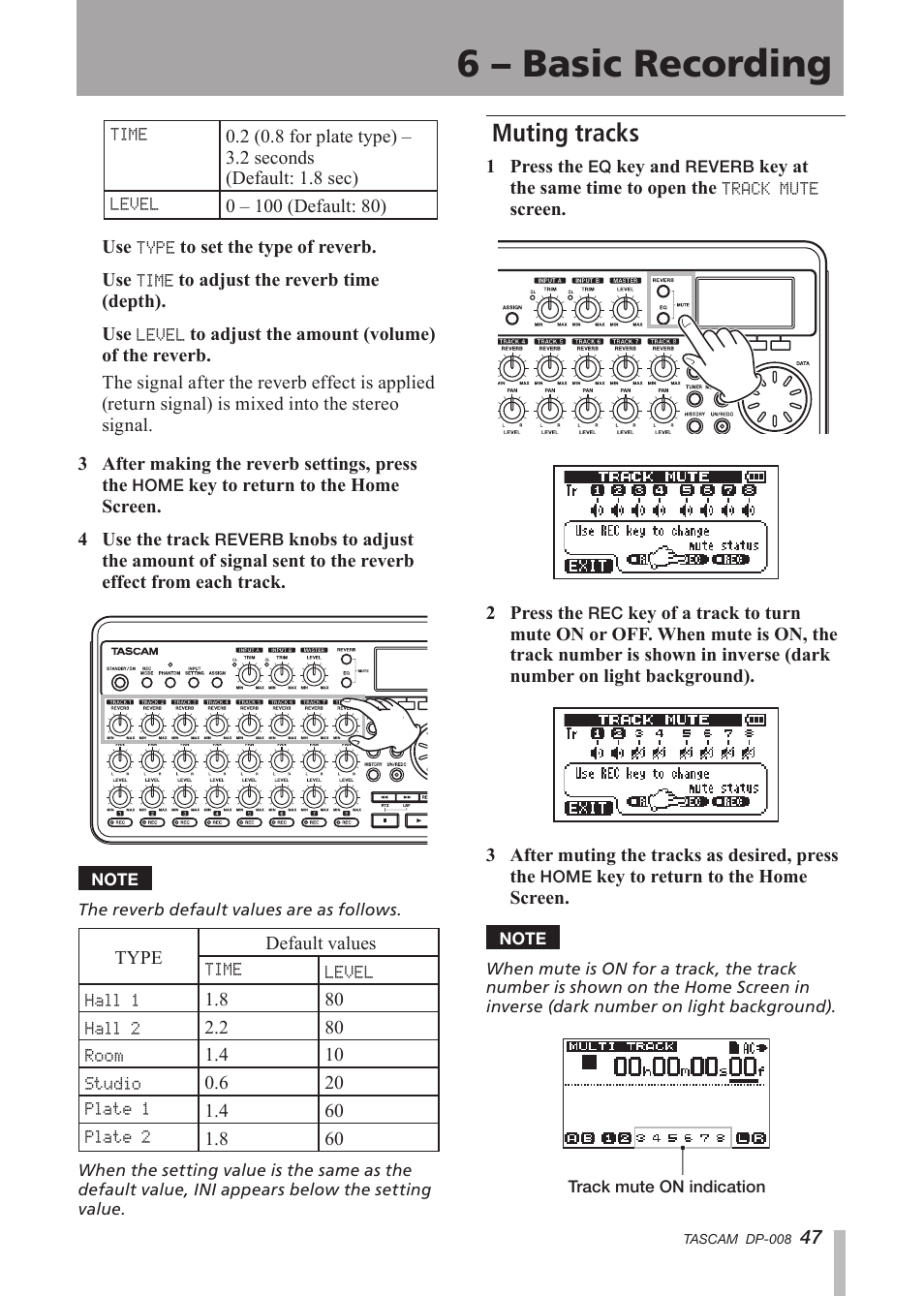 Muting tracks, 6 – basic recording | Tascam DP-008 User Manual | Page 47 / 88