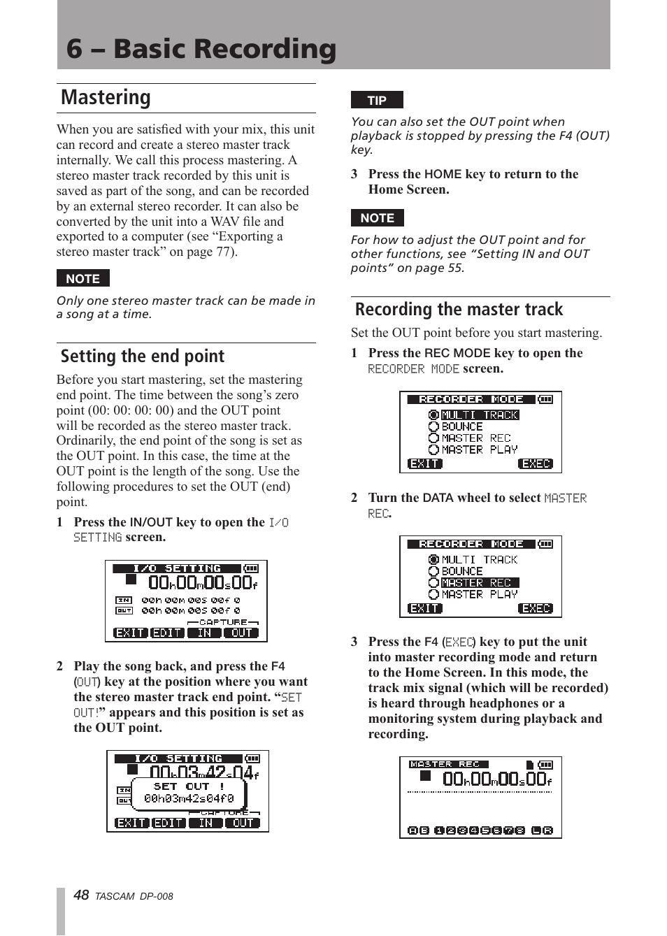 Mastering, Setting the end point, Recording the master track | 6 – basic recording | Tascam DP-008 User Manual | Page 48 / 88