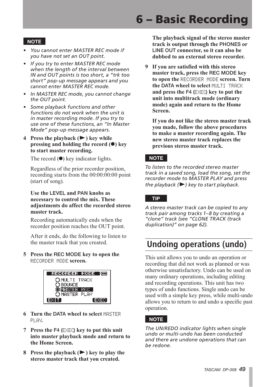 Undoing operations (undo), See “undoing operations, 6 – basic recording | Tascam DP-008 User Manual | Page 49 / 88