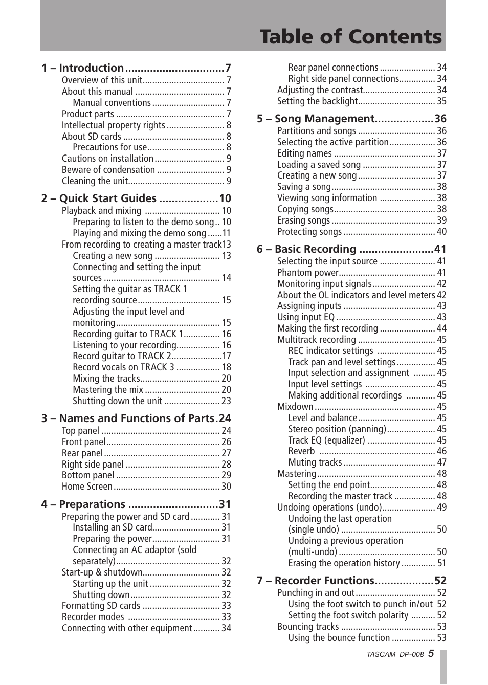 Tascam DP-008 User Manual | Page 5 / 88