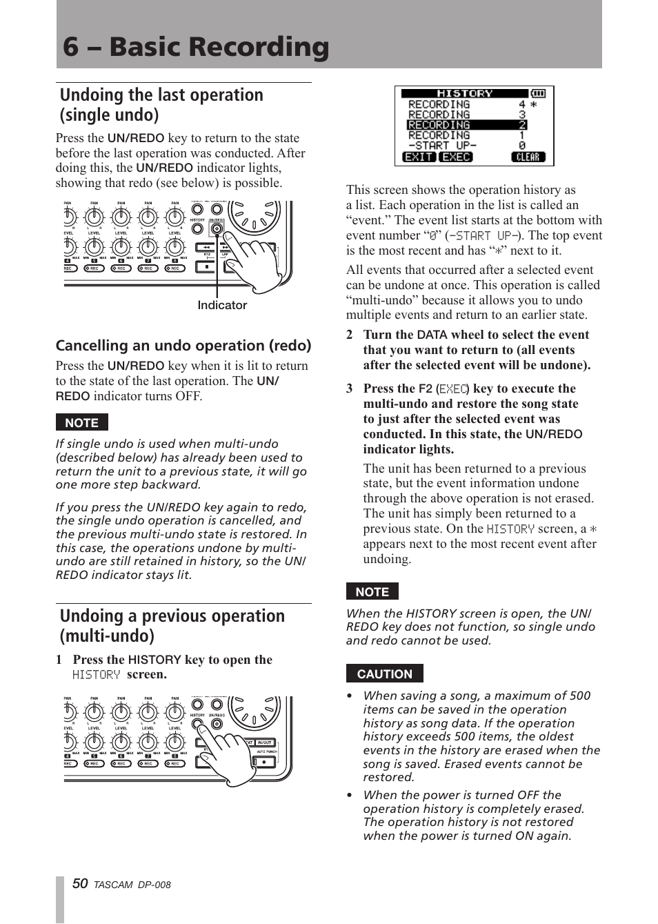 Undoing the last operation (single undo), Undoing a previous operation (multi-undo), Undoing the last operation | Single undo), Undoing a previous operation, Multi-undo), 6 – basic recording | Tascam DP-008 User Manual | Page 50 / 88