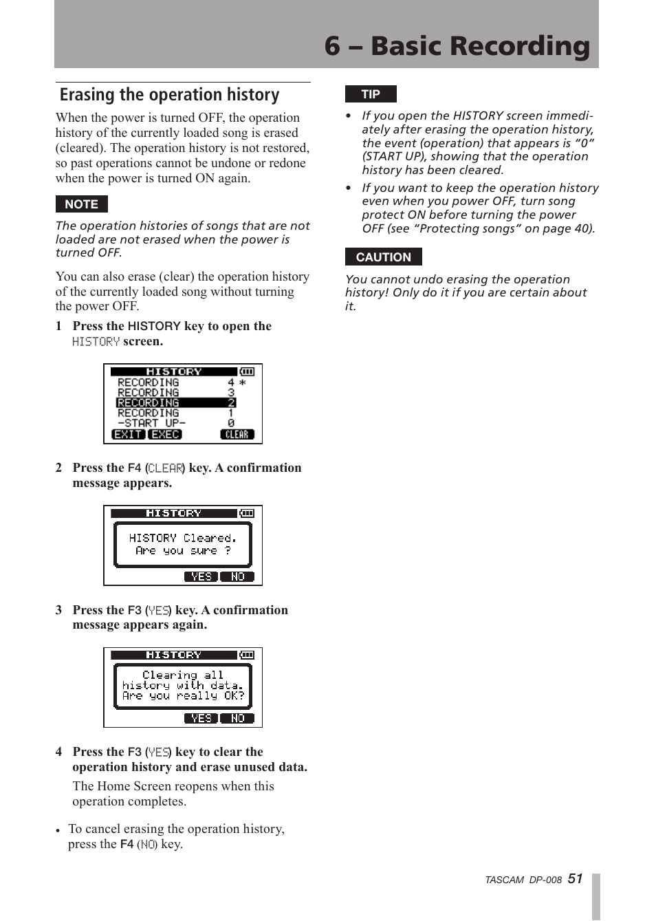 Erasing the operation history, 6 – basic recording | Tascam DP-008 User Manual | Page 51 / 88