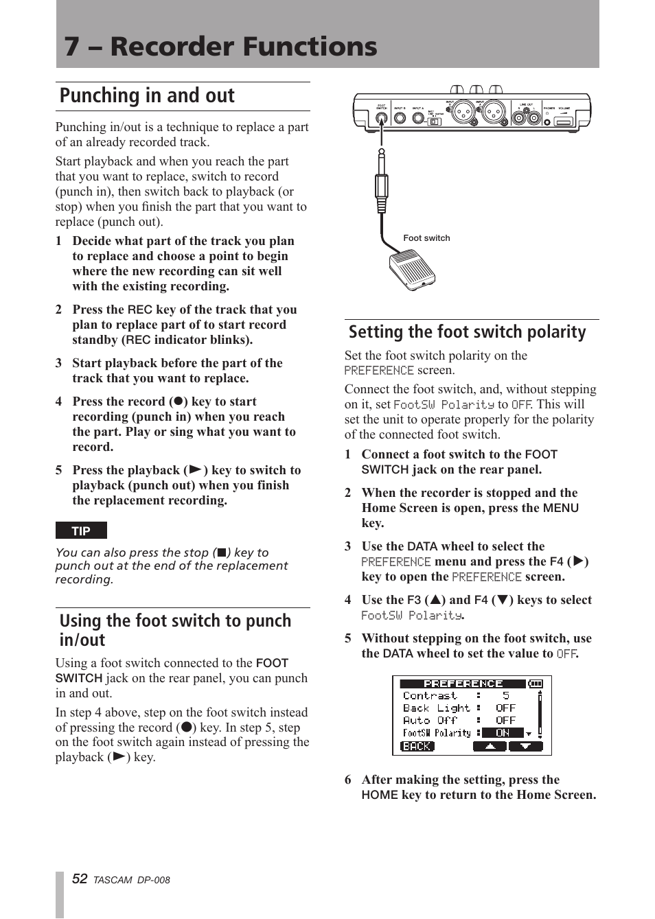 7 - recorder functions, Punching in and out, Using the foot switch to punch in/out | Setting the foot switch polarity, 7 – recorder functions, Using the foot switch to punch in/out 52, See “punching in | Tascam DP-008 User Manual | Page 52 / 88